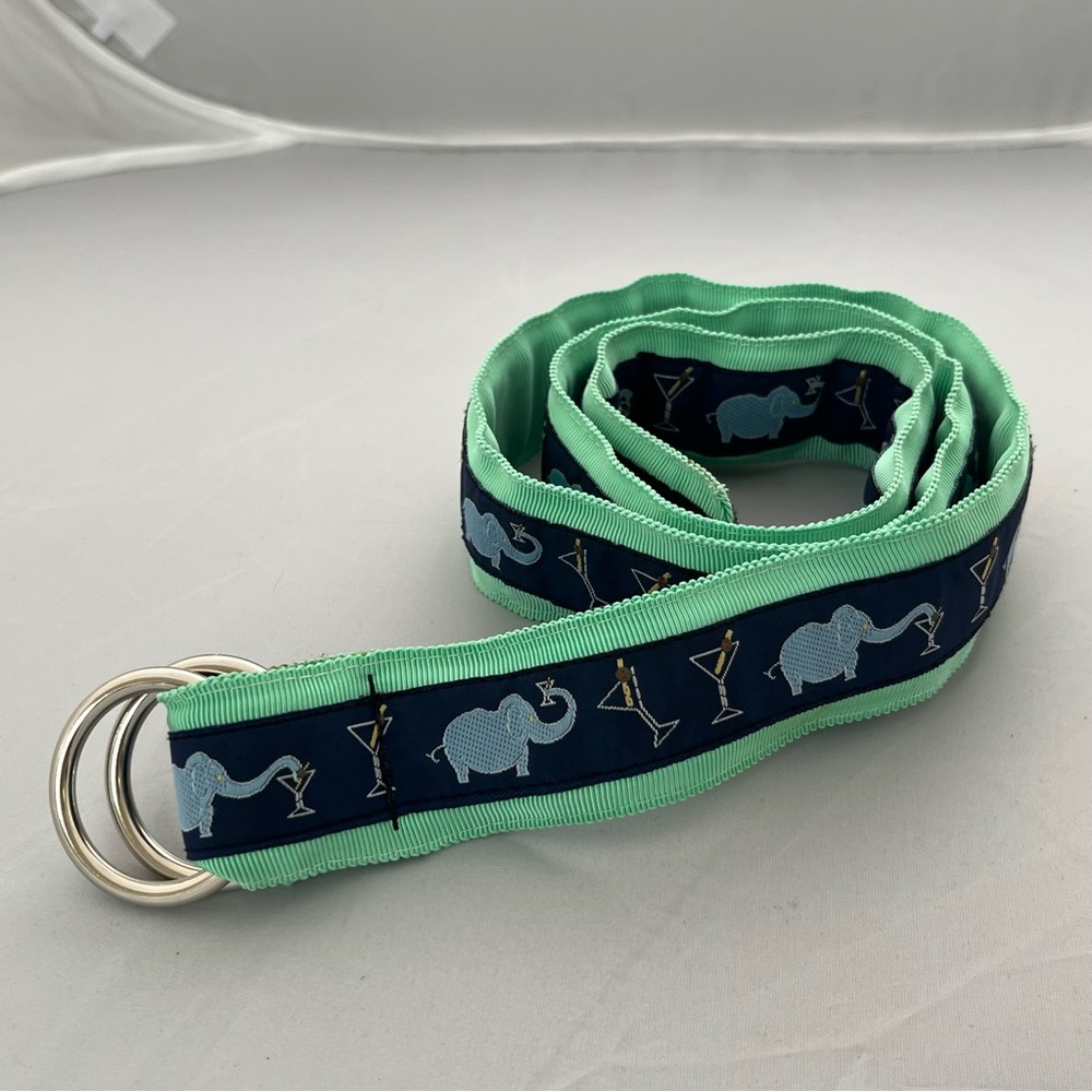 CK Bradley Tally Ho Designs Ribbon Belt – Elephant & Martini Print – Navy/Mint